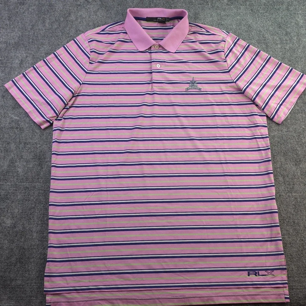 RLX Ralph Lauren Polo Large Pink Blue Striped Congressional Logo Short Sleeve